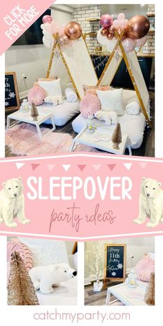 a polar bear themed birthday party with pink and gold decorations, balloons and other items