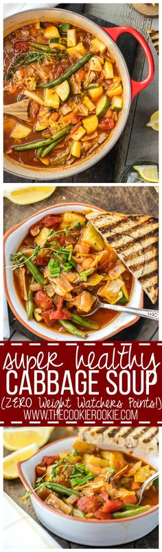 several pictures of different types of food in bowls and pans with the words cabbage soup written on them