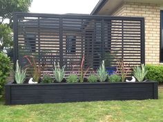 some plants are in a black planter on the side of a house with a fence