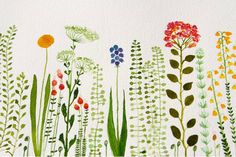 watercolor painting of flowers and plants on white paper with green, yellow, red, orange, and blue colors