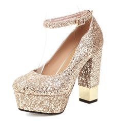 Shop Gold Glitter Platform Chunky Heel Pumps Ankle Strap Bridal Wedding Shoes color Golden for Anniversary, Dancing Club, Date, Going out, Wedding with worldwide Free shipping & Free return. Colorful Wedding Shoes, Dancing Club, Bridal Wedding Shoes, Chunky Heel Pumps, Platform Heels Chunky, Sequin Fabric, Shoes Color, Heel Pumps, Shoe Size Chart