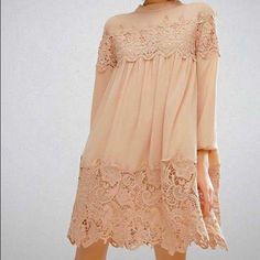 Nwt Asos Fashion Union Long Sleeve Smock Dress With Lace Inserts Tan Color Lined Crepe Fabric, Crochet Lace Panels High Round Neckline, Long Sleeves Lace Overlays Button Keyhole Back Loose Fit Falls Loosely Over The Body Beige Lace Mini Dress With Long Sleeves, Beige Long Sleeve Lace Mini Dress, Beige Lace Long Sleeve Mini Dress, Beige Lace Mini Dress For Fall, Fall Beige Lace Mini Dress, Beige Tunic Dress For Fall, Long Sleeve Smock Dress, Fabric Crochet, Asos Fashion