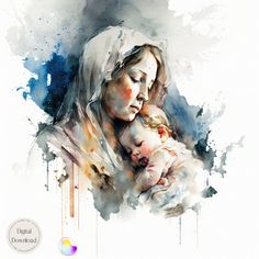 a watercolor painting of a woman holding a baby in her arms with the words digital artwork