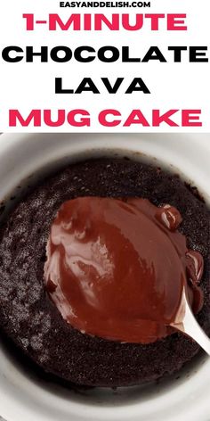 chocolate lava cake in a white bowl with text overlay that reads 1 minute chocolate lava mug cake