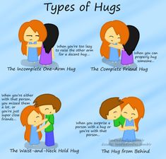 two people hugging each other with the words types of hugs written below and above them