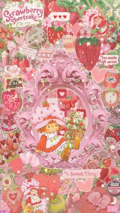 the strawberry shortcake is surrounded by hearts and other things that are on display in this collage