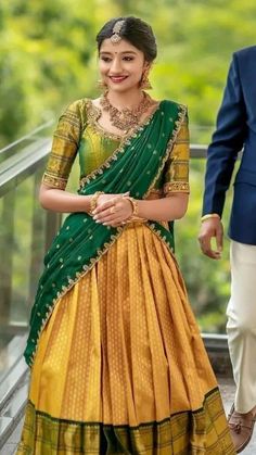 Follow for More bridal inspiration ✨️ Simple Half Saree Designs South Indian, Half Saree Designs Simple, Traditional Half Saree Designs, Exclusive Blouse Designs, South Indian Wedding Saree, Hair Style On Saree, Latest Bridal Blouse Designs