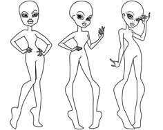 three cartoon alien girls with different body shapes and hair, one in black and white