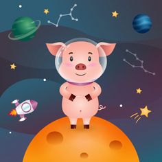 a pig is standing on top of the moon with planets in the sky behind him