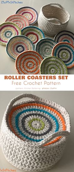 crocheted baskets with different colors and sizes are shown in the same basket pattern