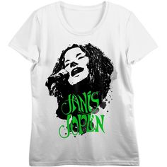 Embrace the rebellious spirit and incomparable talent of Janis Joplin with this officially licensed women's t-shirt. In dazzling white, this tee features a captivating front design showcasing Janis herself in black ink art, accompanied by neon green "Janis Joplin" text, adding a vibrant touch to this iconic tribute. On the back, more black ink art completes the look, celebrating the essence of this rock legend. Made from 100% cotton, this shirt ensures a soft and comfortable fit, while the short Janis Joplin Album Covers, Janis Joplin Portrait, Janis Joplin Southern Comfort, Janis Joplin Tshirt, Led Zeppelin Womens Shirt, Ink Logo, Black Ink Art, Cropped White Tee, White Crew Neck