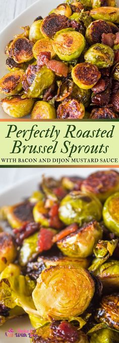 roasted brussel sprouts with bacon and onion mustard sauce on a white plate