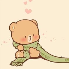 a brown teddy bear sitting on top of a green scarf with hearts in the background