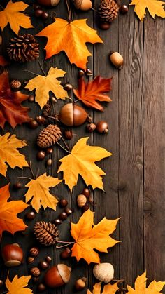 autumn leaves, acorns and pine cones on a wooden background