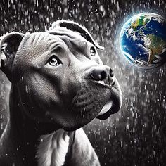 a black and white photo of a dog looking up at the earth with rain falling on it