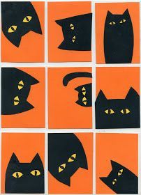 nine black cats with yellow eyes are arranged in an orange square pattern on the wall