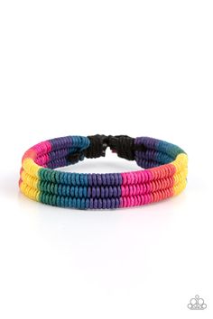 Colorful sections of pink, red, yellow, green, blue, and purple cords ornately wrap and weave around three black bands, coalescing into a radiant rainbow around the wrist. Features an adjustable sliding knot closure.

 Sold as one individual bracelet. Sliding Knot Bracelet, Adjustable Sliding Knot, Sliding Knot Closure, Pride Bracelet, Knot Bracelet, Sliding Knot, Paparazzi Accessories, Exclusive Jewelry, Paparazzi Jewelry