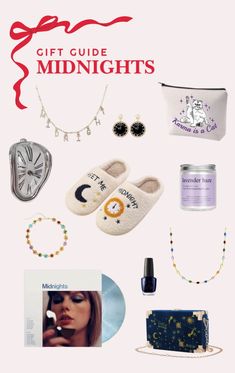 the gift guide for midnights is on display with other items including a handbag, purse