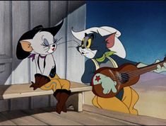 two cartoon cats are playing guitars on a bench