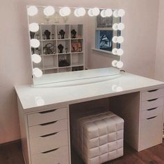 Ikea Table Tops, Vanity With Lights, Ikea Vanity, Diy Vanity Mirror, Ikea Alex Drawers, Ikea Table, Ikea Alex, Lighted Mirror