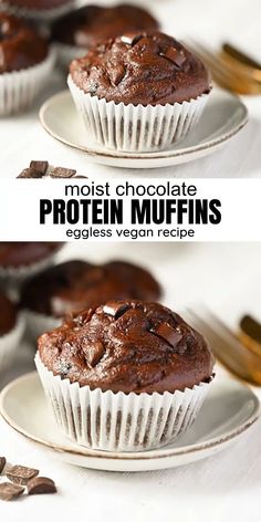 two plates with chocolate muffins on them