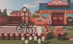 there is a bike parked in front of a store with flowers and other items around it