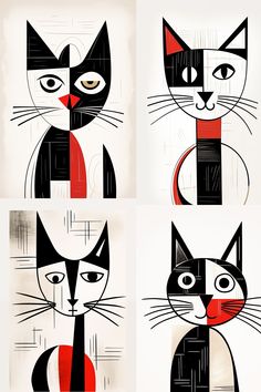 four black and white cats with red eyes