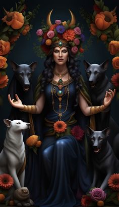 a woman sitting in front of three black cats and two white dogs with flowers on their heads