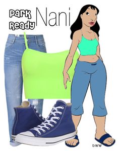 an image of a woman in blue jeans and neon green tank top with converse sneakers