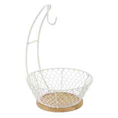 a white wire basket with a wooden base and hook on the top, holding a handle