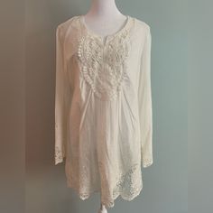 Long Sleeves Long Sleeve Lace Beach Blouse, Cream Long Sleeve Tunic For Spring, Flowy Long Sleeve Blouse With Lace Trim, Spring Tunic Blouse With Lace Trim, Peplum Blouse, Tao, Color White, Long Sleeves, Womens Tops