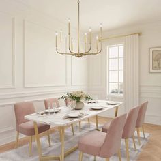 a dining room table with pink chairs and a chandelier