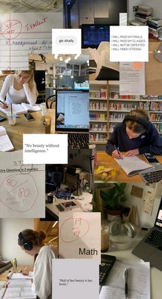 a collage of images with people working at computers and writing on the wall behind them