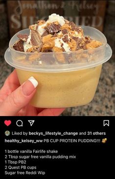 someone is holding up a plastic container with food in it and the text below reads, i liked by beck's life style change and 31 others healthy kelle wp protein pudding