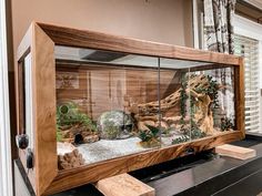 a fish tank filled with rocks and plants on top of a black counter next to a window