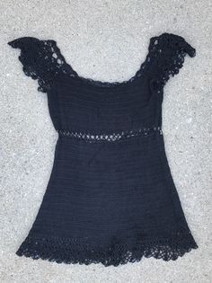 "Rock on in this vintage delicate black crochet top. Length: 24\" Bust: 28\" Waist: 25\" Estimate Size: S" Summer Fitted Crochet Dress With Lace Top, Fitted Crochet Dress With Lace Top For Summer, Black Fitted Lace Top With Lace Trim, Casual Fitted Crochet Dress With Crochet Trim, Fitted Lace Top With Crochet Trim And Short Sleeves, Fitted Lace Top With Crochet Trim For Beach, Black Lace Top With Short Sleeves For Summer, Fitted Open Knit Lace Top For Summer, Black Bohemian Lace Top