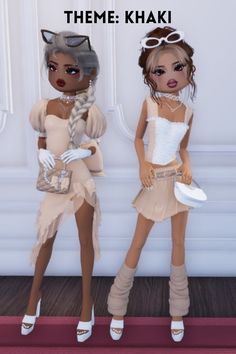 two dolls standing next to each other in front of a white wall with the words theme khaki on it