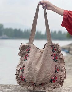 Women's Ruffle Linen Embroidery Shoulder Bag Brown Embroidered Hobo Shoulder Bag, Embroidered Brown Hobo Shoulder Bag, Embroidered Beige Shoulder Bag For Travel, Embroidered Beige Satchel For Everyday Use, Travel Embroidered Beige Shoulder Bag, Casual Brown Embroidered Shoulder Bag, Embroidered Brown Hobo Bag, Embroidered Brown Hobo Tote Bag, Embroidered Brown Tote Hobo Bag