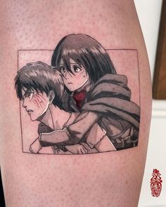 an image of two anime characters on the back of a man's leg with his arm wrapped around him