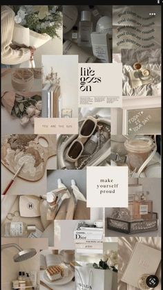 a collage of different items including shoes and other things in white, beige and grey colors