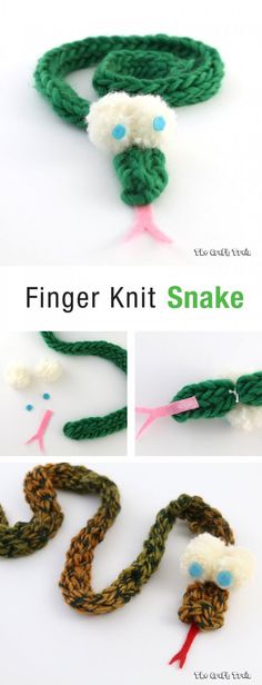 the finger knit snake is made with yarn