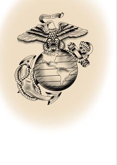 an eagle, globe and anchor are depicted in this black and white tattoo art design