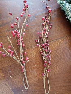 two branches with red berries are sitting on a table