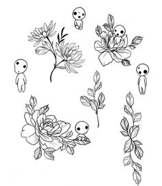 some flowers and skulls are drawn in black ink on white paper, with the outlines of