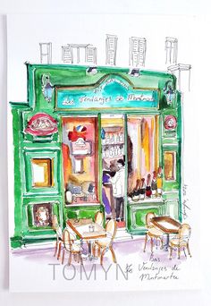 a watercolor drawing of a restaurant with tables and chairs in front of the storefront