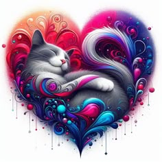 a cat that is laying down in the shape of a heart with swirls and bubbles