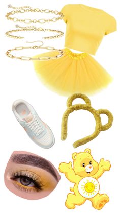 various items that include a teddy bear, tennis shoe and yellow dress with chains on it