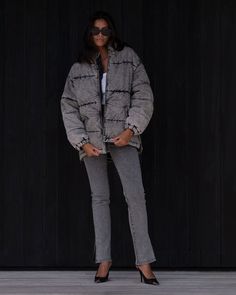 made for everyone, the denim puffer. designed to have the cozy feel of your favorite puffer jacket, but with a denim twist. detailed black stitching and zippers on either side of the jacket are meant create a perfect fit. compliments the slim straight leg jean in faded grey wash. Winter Washed Black Outerwear With Zipper Closure, Washed Black Winter Outerwear With Zipper Closure, Urban Gray Jeans For Winter, Stonewashed Urban Outerwear For Fall, Urban Stonewashed Outerwear For Fall, Recycled Yarn, Grey Wash, High Low Hem, Embossed Logo