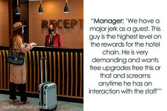 a woman standing in front of a hotel lobby with her luggage and the caption reads,'manager we have a major park as a guest this guy is the highest level on the