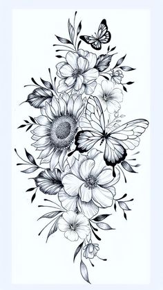 black and white drawing of flowers with butterflies